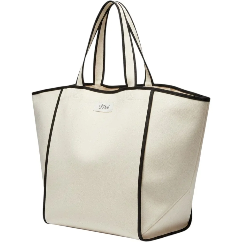 Sezane Canvas Tote Bag Cream Ecru Black Contrast Trim Oversized Shopper Bag